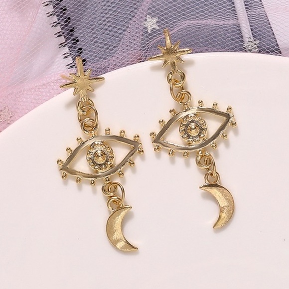 Jewelry - Gold Boho Eye/Moon/Star Earrings